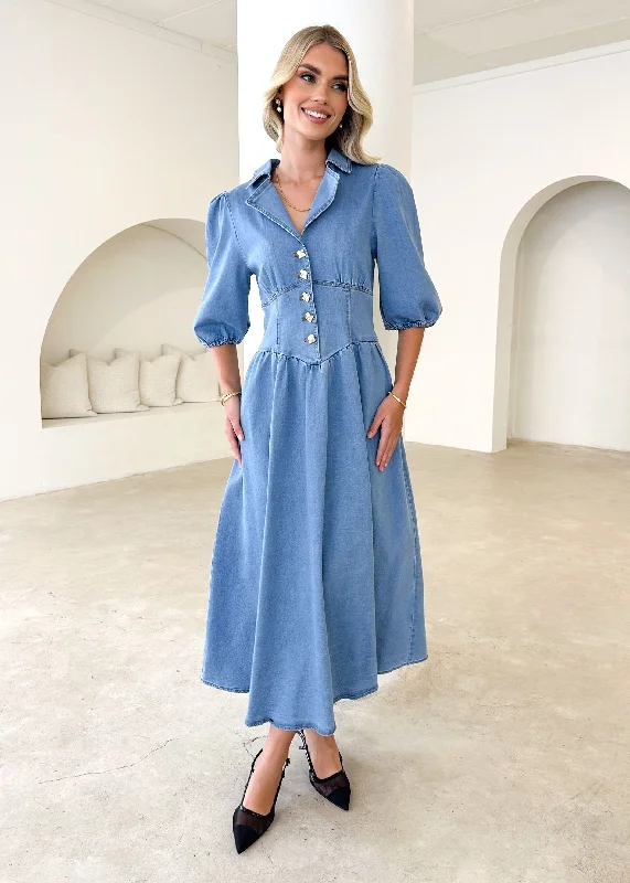 Off - the - Shoulder Women Dress for a Romantic and Feminine LookCarmine Denim Maxi Dress - Mid Blue