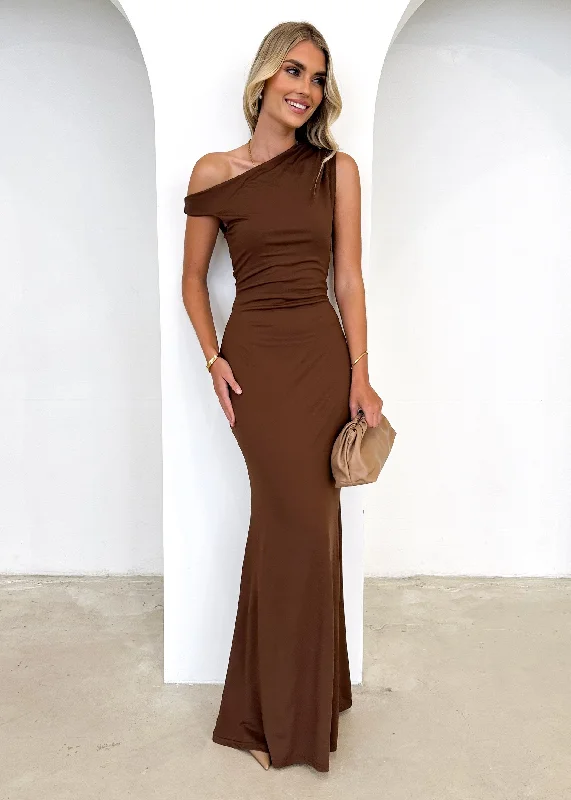 Ball Gown Women Dress with a Full Skirt for a Princess - like LookCayman One Shoulder Maxi Dress - Chocolate