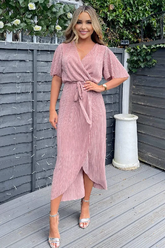 Strapless Women Dress with a Built - in Bra for Comfort and SupportChampagne Wrap Top Belted Short Sleeve Plisse Midi Dress