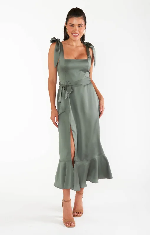 Empire Waist Women Dress to Accentuate the Bust and Conceal the WaistClaire Midi Dress ~ Deep Sage Luxe Satin