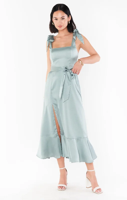 Empire Waist Women Dress to Accentuate the Bust and Conceal the WaistClaire Midi Dress ~ Silver Sage Luxe Satin