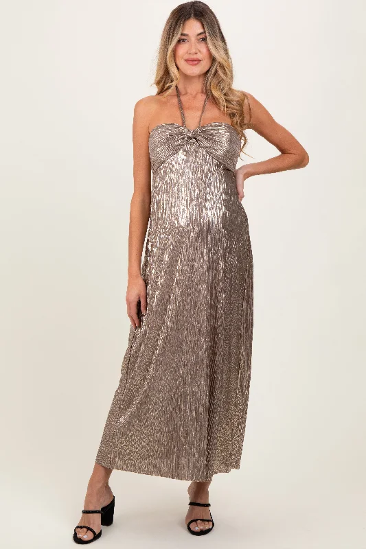 Empire Waist Women Dress to Accentuate the Bust and Conceal the WaistDark Gold Metallic Halter Maternity Dress