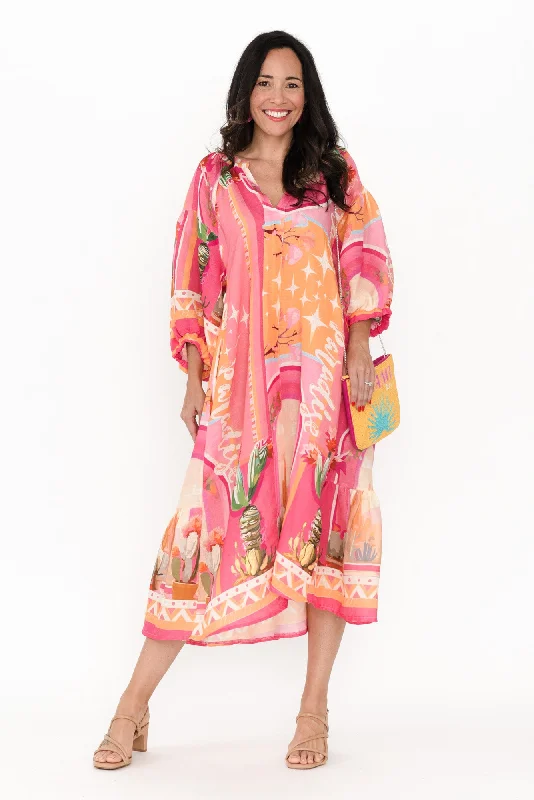 Pleated Women Dress with a Timeless and Elegant TextureDeneva Pink Cactus Linen Dress