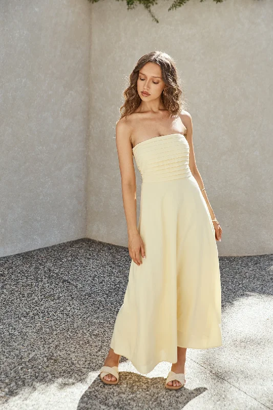 Pleated Women Dress with a Timeless and Elegant TextureElena Strapless Maxi Dress Yellow