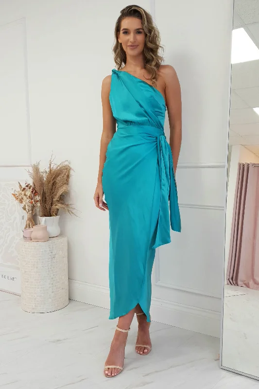 Wrap - Style Women Dress with Adjustable Fit for All Body TypesEstelle One Shoulder Satin Midi Dress | Aqua