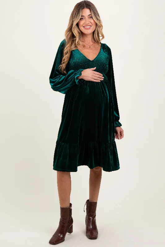 Mini Women Dress with a Short Hem for a Young and Trendy StyleForest Green Velvet Smocked Maternity Long Sleeve Dress