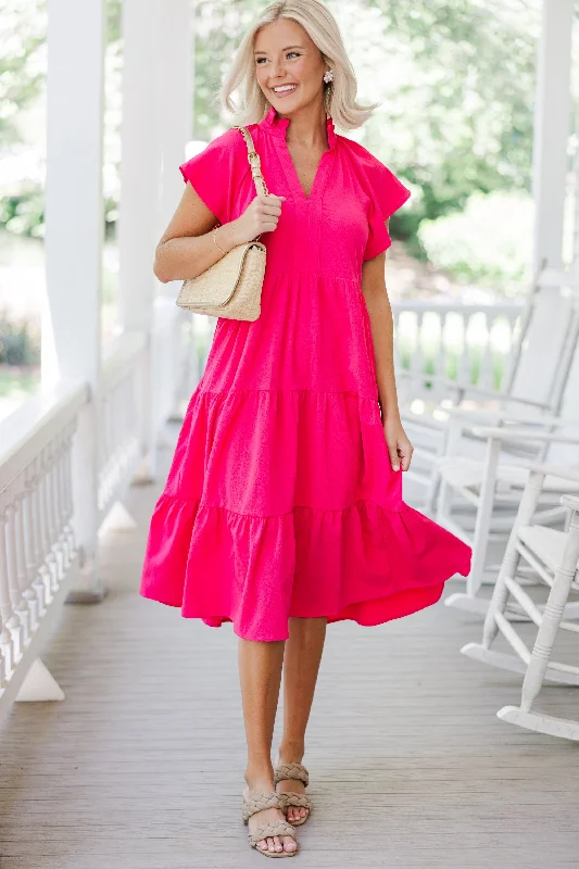 Strapless Women Dress with a Built - in Bra for Comfort and SupportFully Invested Fuchsia Pink Midi Dress