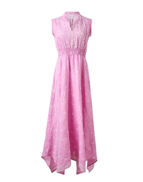 Mermaid - Style Women Dress with a Fitted Silhouette for Special OccasionsGiugno Pink Embroidered Linen Dress