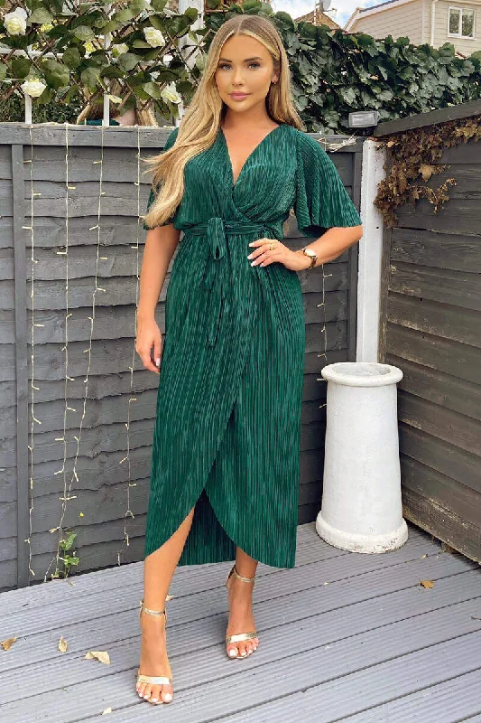 Mermaid - Style Women Dress with a Fitted Silhouette for Special OccasionsGreen Wrap Top Belted Short Sleeve Plisse Midi Dress