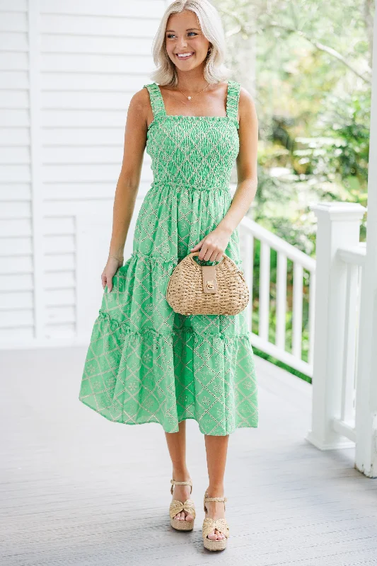 Mermaid - Style Women Dress with a Fitted Silhouette for Special OccasionsHere To Stay Green Eyelet Midi Dress