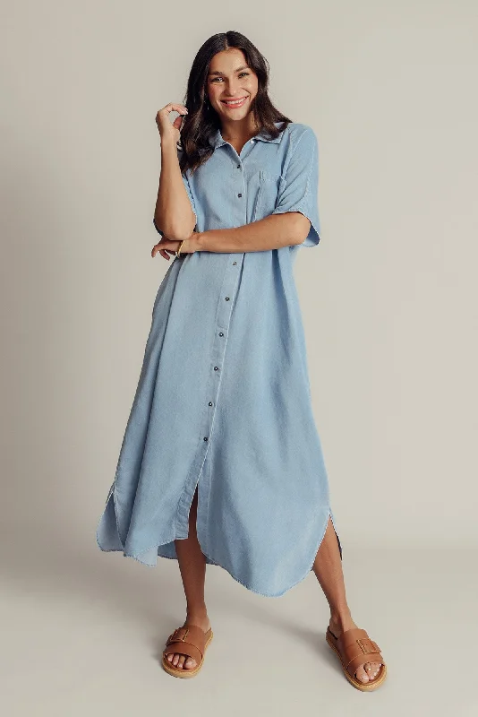 Strapless Women Dress with a Built - in Bra for Comfort and SupportJosy Blue Chambray Shirt Dress