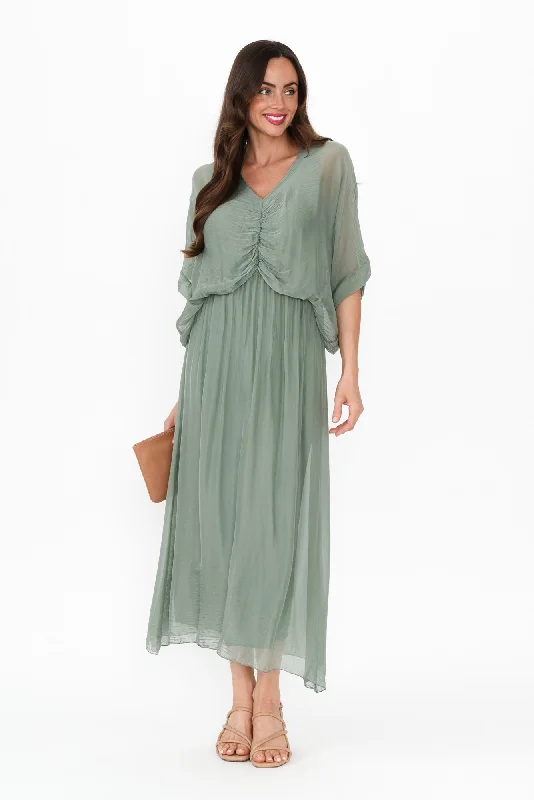 Plus Size Women Dress with a Flattering A - Line Cut for Comfort and StyleKerry Khaki Silk Gathered Dress