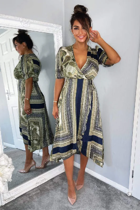 Ruffled Women Dress with Multiple Layers for a Playful and Girly StyleKhaki Scarf Print Wrap Midi Dress