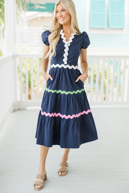 Ball Gown Women Dress with a Full Skirt for a Princess - like LookLife's A Party Navy Blue Rickrack Midi Dress