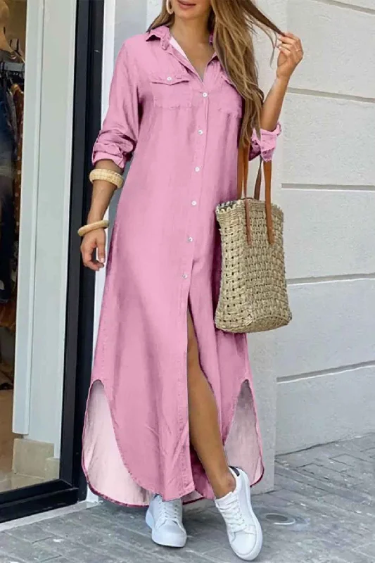 Sleeveless Women Dress in Bright Colors for Summer PartiesLong Sleeve Button Up Pocket Shirt Dress