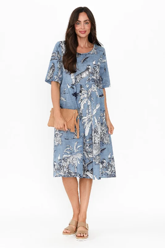 Printed Abstract Women Dress for a Modern and Artistic AppealMackie Blue Jungle Cotton Pocket Dress