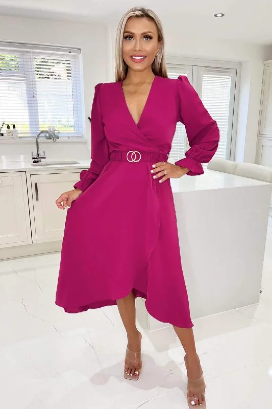 Ruffled Women Dress with Multiple Layers for a Playful and Girly StyleMagenta Long Sleeve Belted Midi Dress