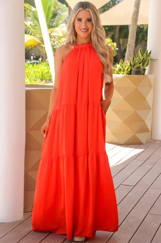 Ball Gown Women Dress with a Full Skirt for a Princess - like LookMake an Entrance Halter Maxi Dress: Tangerine