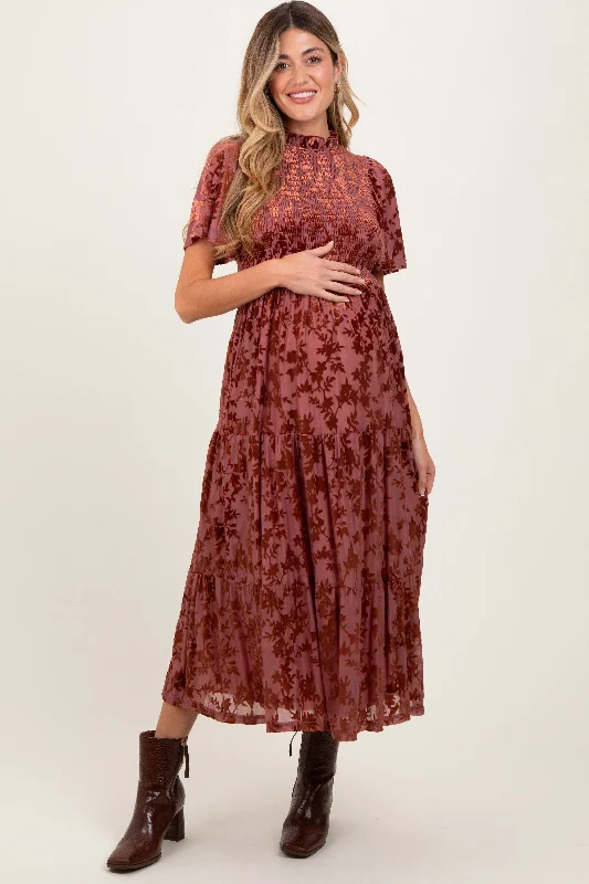 Long - Sleeve Women Dress in Velvet for a Luxurious Winter LookMauve Floral Velvet Print Smocked Maternity Midi Dress