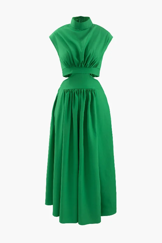 Empire Waist Women Dress to Accentuate the Bust and Conceal the WaistStand Collar Cap Sleeve Cut Out Midi Dress