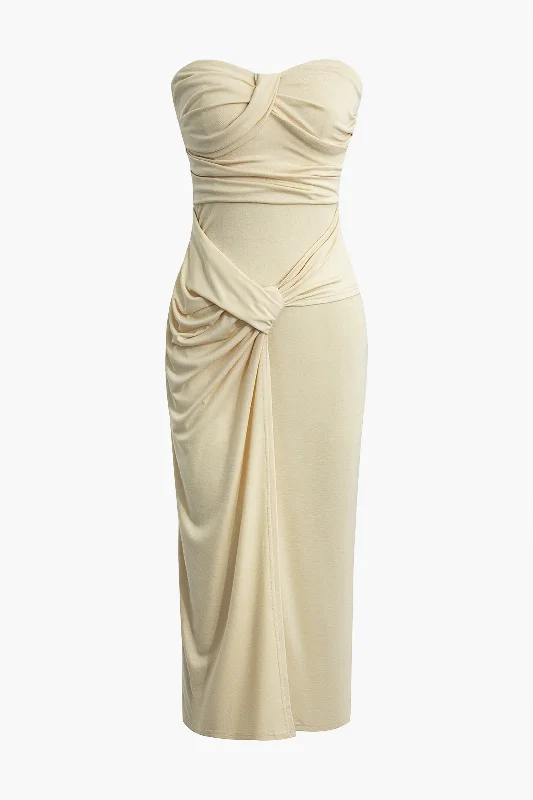 Sheath Women Dress with a Tailored Fit for a Professional LookSolid Ruched Strapless Midi Dress