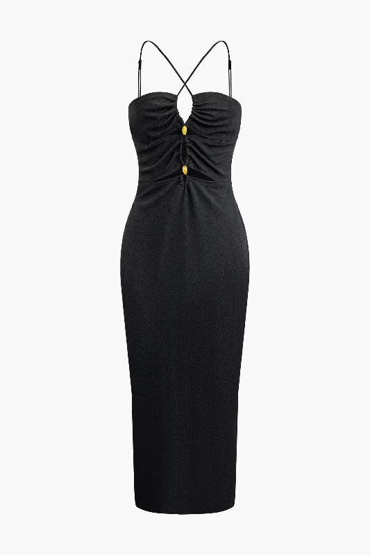 Backless Women Dress for a Sexy and Alluring Look at Evening EventsCut Out Ruched Slip Criss Cross Midi Dress