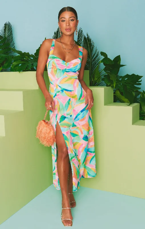 Ruffled Women Dress with Multiple Layers for a Playful and Girly StyleMina Midi Dress ~ Tropicana Burst Luxe Satin