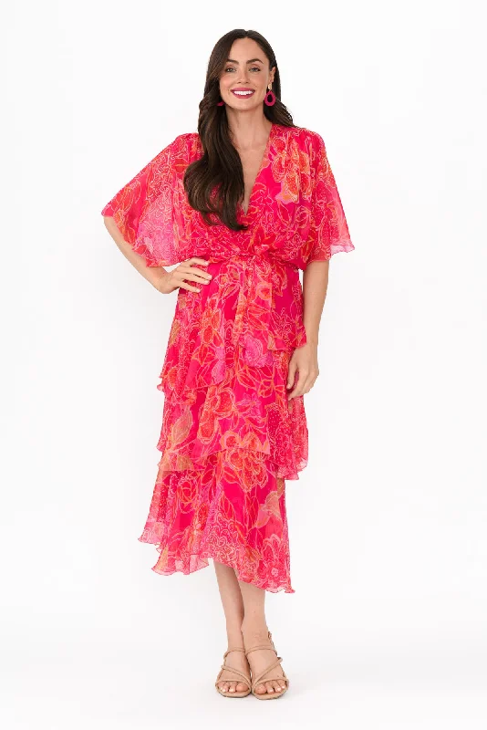 Maxi Women Dress with Floral Print for a Bohemian VibeNatalie Hot Pink Floral Silk Layer Dress