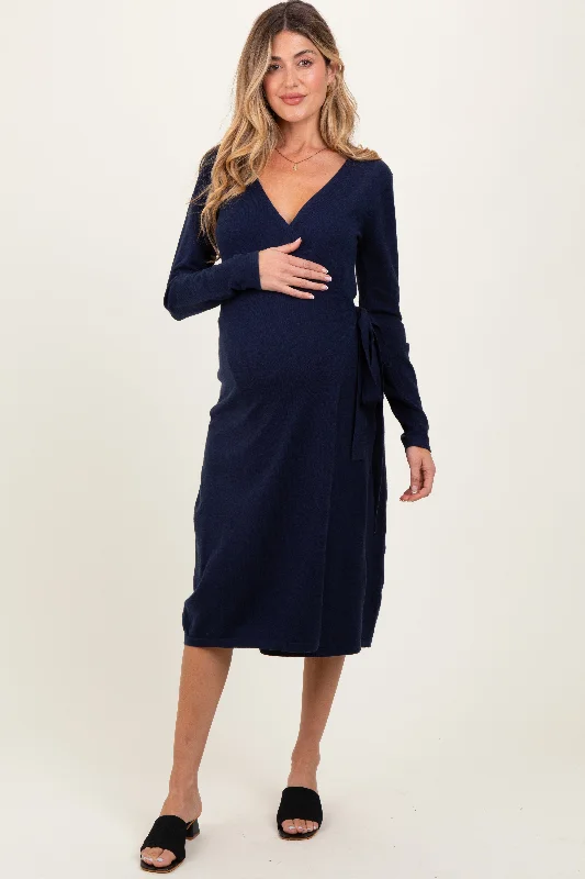 Sheath Women Dress with a Tailored Fit for a Professional LookNavy Blue Knit Long Sleeve Wrap Maternity Midi Dress