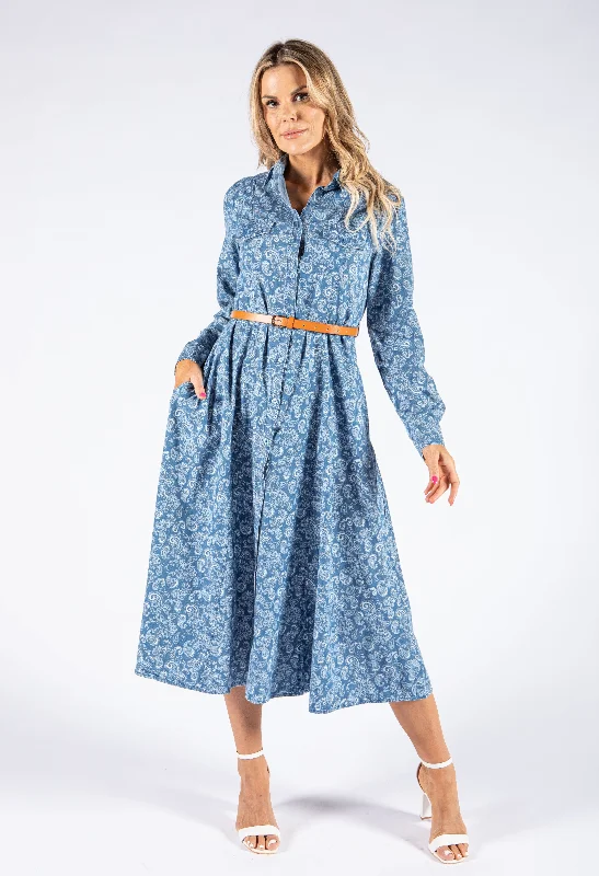 Pleated Women Dress with a Timeless and Elegant TexturePaisley Print Long Sleeve Denim Dress