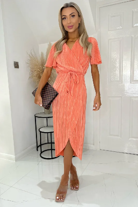 Lace - Embellished Women Dress for an Elegant and Sophisticated AppearancePeach Wrap Top Belted Short Sleeve Plisse Midi Dress