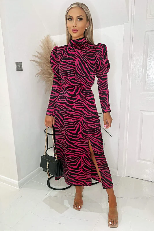 Mermaid - Style Women Dress with a Fitted Silhouette for Special OccasionsPink Zebra Print Long Puff Sleeve Midi Dress