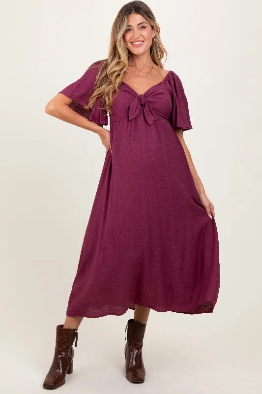 Long - Sleeve Women Dress in Velvet for a Luxurious Winter LookPlum Front Tie Ruffle Sleeve Maternity Midi Dress