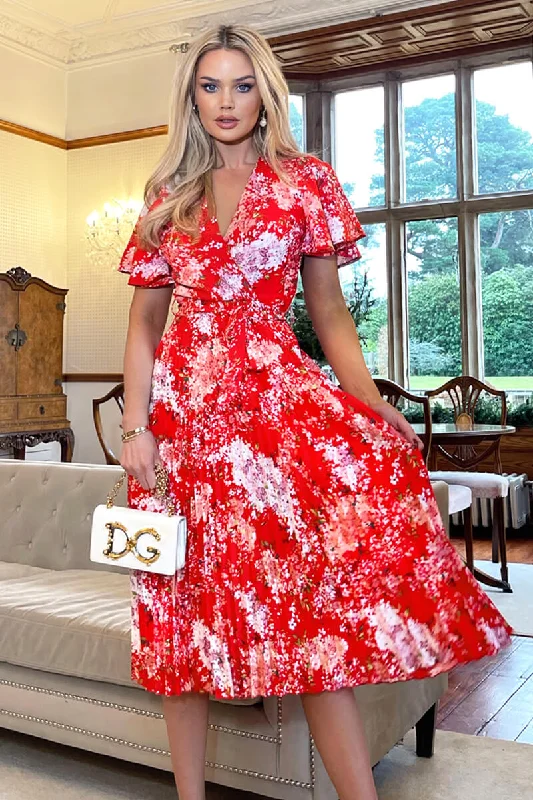 Halter Neck Women Dress to Show Off the Shoulders and NecklineRed Floral Printed Pleated Midi Dress