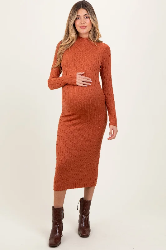 Backless Women Dress for a Sexy and Alluring Look at Evening EventsRust Mock Neck Ribbed Maternity Sweater Dress