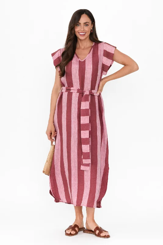 Off - the - Shoulder Women Dress for a Romantic and Feminine LookSebou Burgundy Stripe Linen Tie Dress