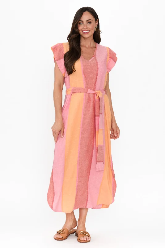 Ruffled Women Dress with Multiple Layers for a Playful and Girly StyleSerendipity Pink Stripe Linen Blend Tie Dress