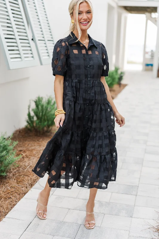 Sleeveless Women Dress in Bright Colors for Summer PartiesSo Worth It Black Textured Button Down Midi Dress