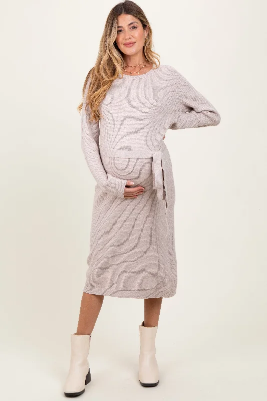 Strapless Women Dress with a Built - in Bra for Comfort and SupportTaupe Waffle Knit Sash Tie Maternity Midi Sweater Dress