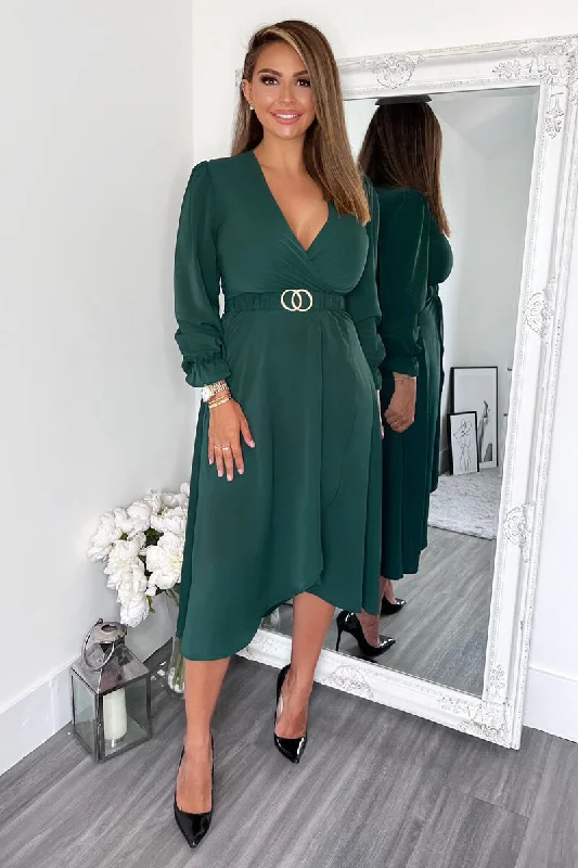 Pleated Women Dress with a Timeless and Elegant TextureTeal Long Sleeve Belted Midi Dress