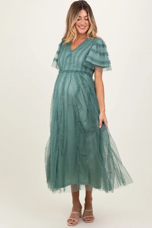 Long - Sleeve Women Dress in Velvet for a Luxurious Winter LookTeal Ruffle Accent Mesh Overlay Maternity Maxi Dress