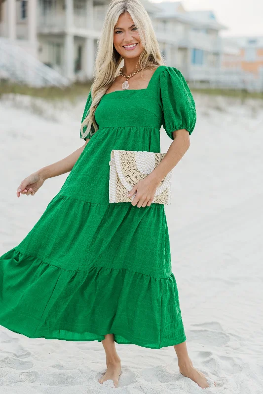 Ruffled Women Dress with Multiple Layers for a Playful and Girly StyleThink About It Kelly Green Midi Dress