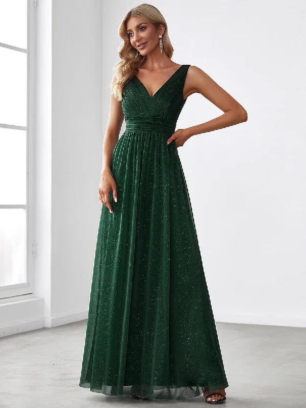 Backless Women Dress for a Sexy and Alluring Look at Evening EventsDouble V Neck Floor Length Sparkly Evening Dresses for Party