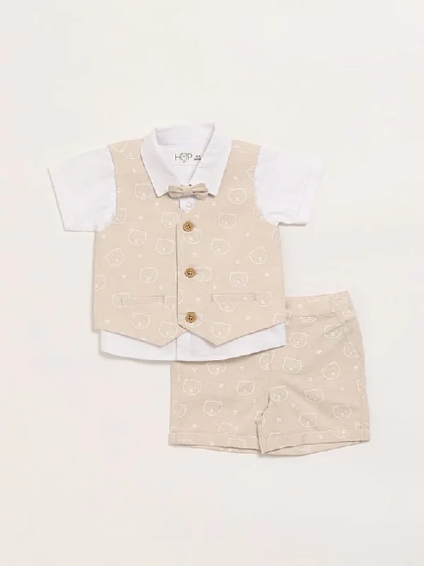 Embroidered Women Shorts with Intricate DesignsHOP Baby Beige Shirt, Waistcoat, Shorts & Bow Set