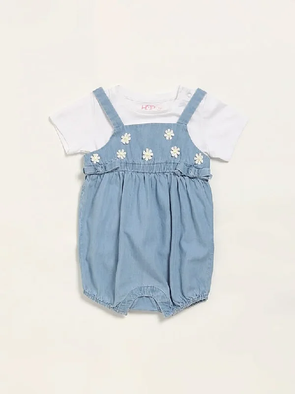 Denim Women Shorts with Distressed Details for a Casual VibeHOP Baby Blue Denim Dungaree & T-Shirt Set