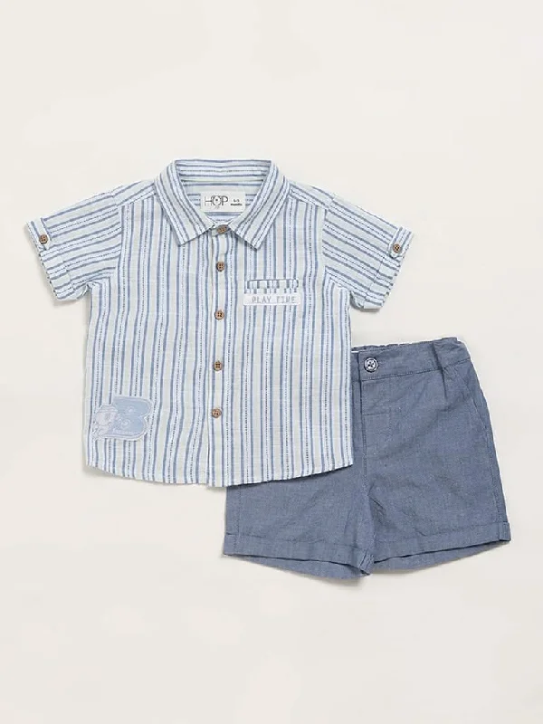 Belted Women Shorts to Enhance the WaistlineHOP Baby Blue Striped Shirt & Shorts Set