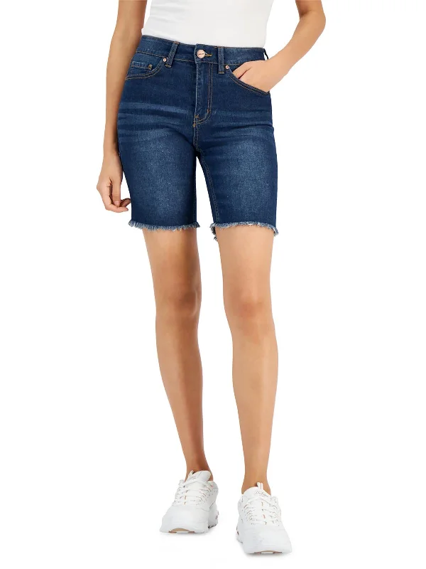 Twill Women Shorts with a Smooth Texture and DurabilityJuniors Womens Dark Wash Raw Hem Bermuda Shorts