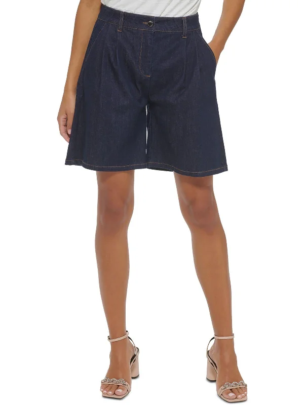 Patterned Geometric Women Shorts for a Modern AppealWomens Denim Pleated Bermuda Shorts