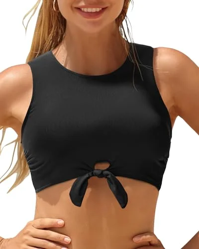 Sustainable bikini made from recycled materials for eco - conscious beachgoersHigh Neck Tie Front Keyhole Crop Top