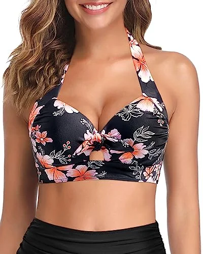 Ruched bikini with fabric gathers for a slimming effectPush Up Swim Tops Halter Retro Bikini Tops